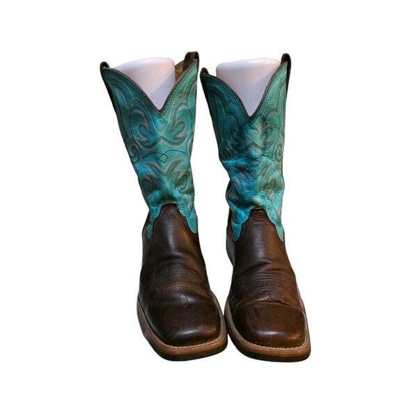Ariat Sz 8.5 Rancher Cowboy Boots Teal Brown Leather Western Indie Festival - Picture 3 of 8